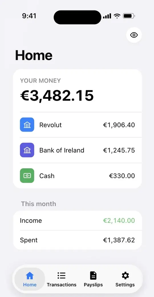 Home screen of the Finances app